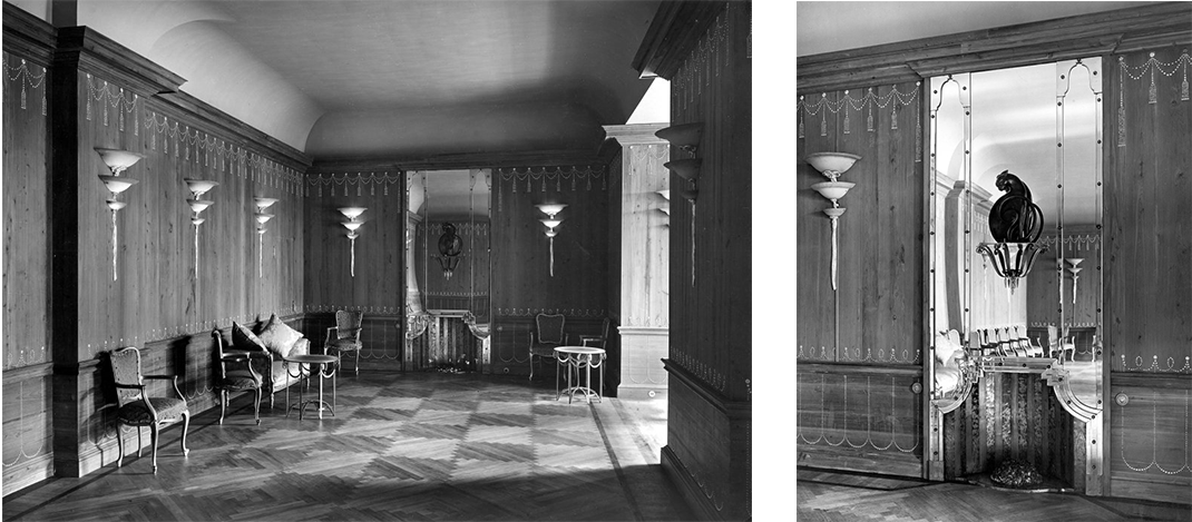 a room with a mirror and a table