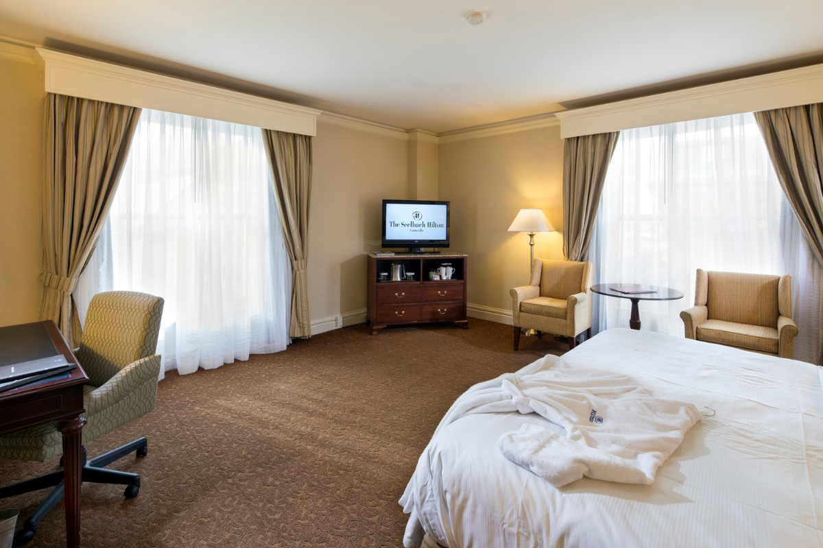 a room with a bed and a television