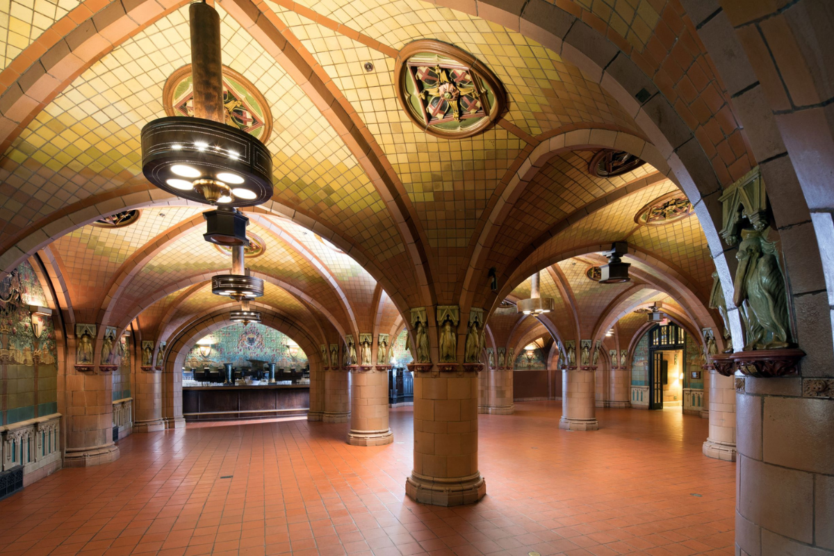 a large room with tile floor and ceiling