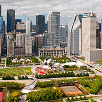 a city landscape with a park and trees