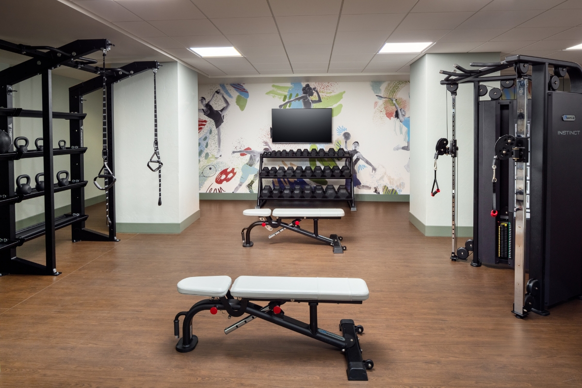 a gym with a bench and weights