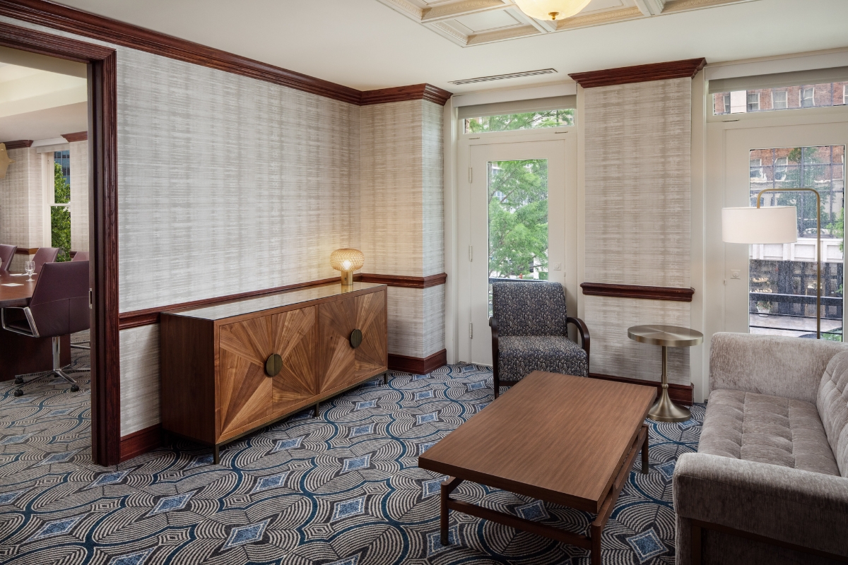 a room with a couch and a coffee table