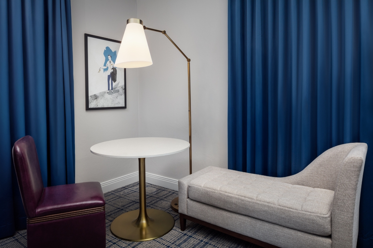 a room with a couch and a table