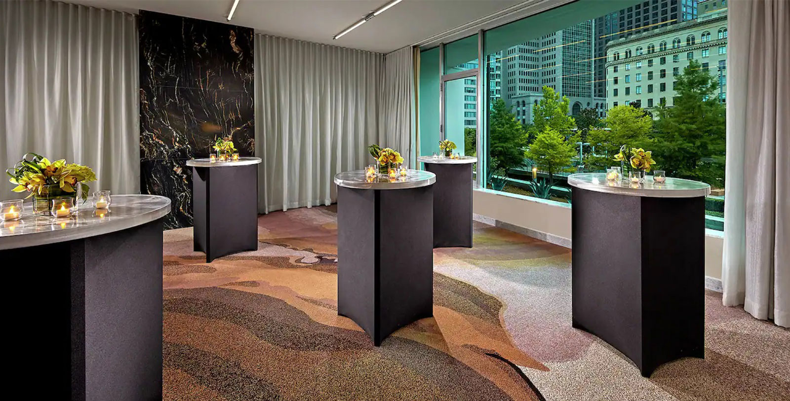 a group of tables in a room