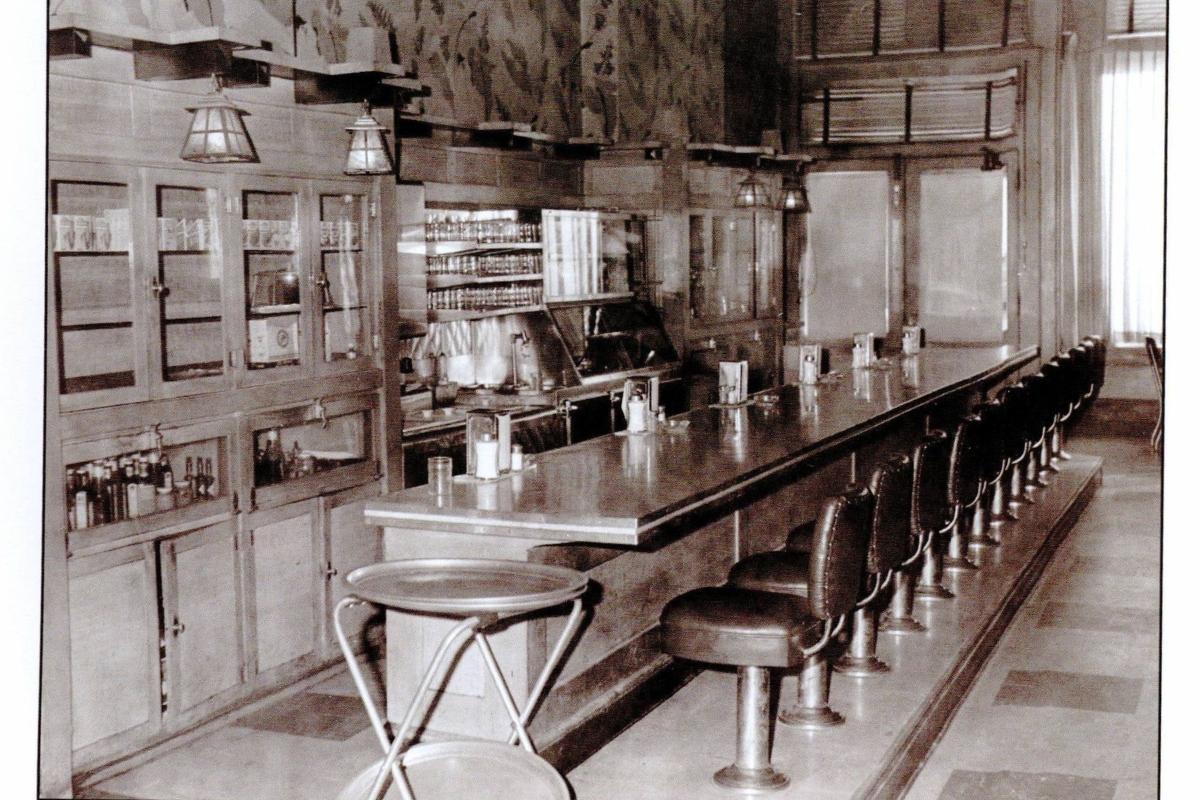 a long bar with chairs and a counter