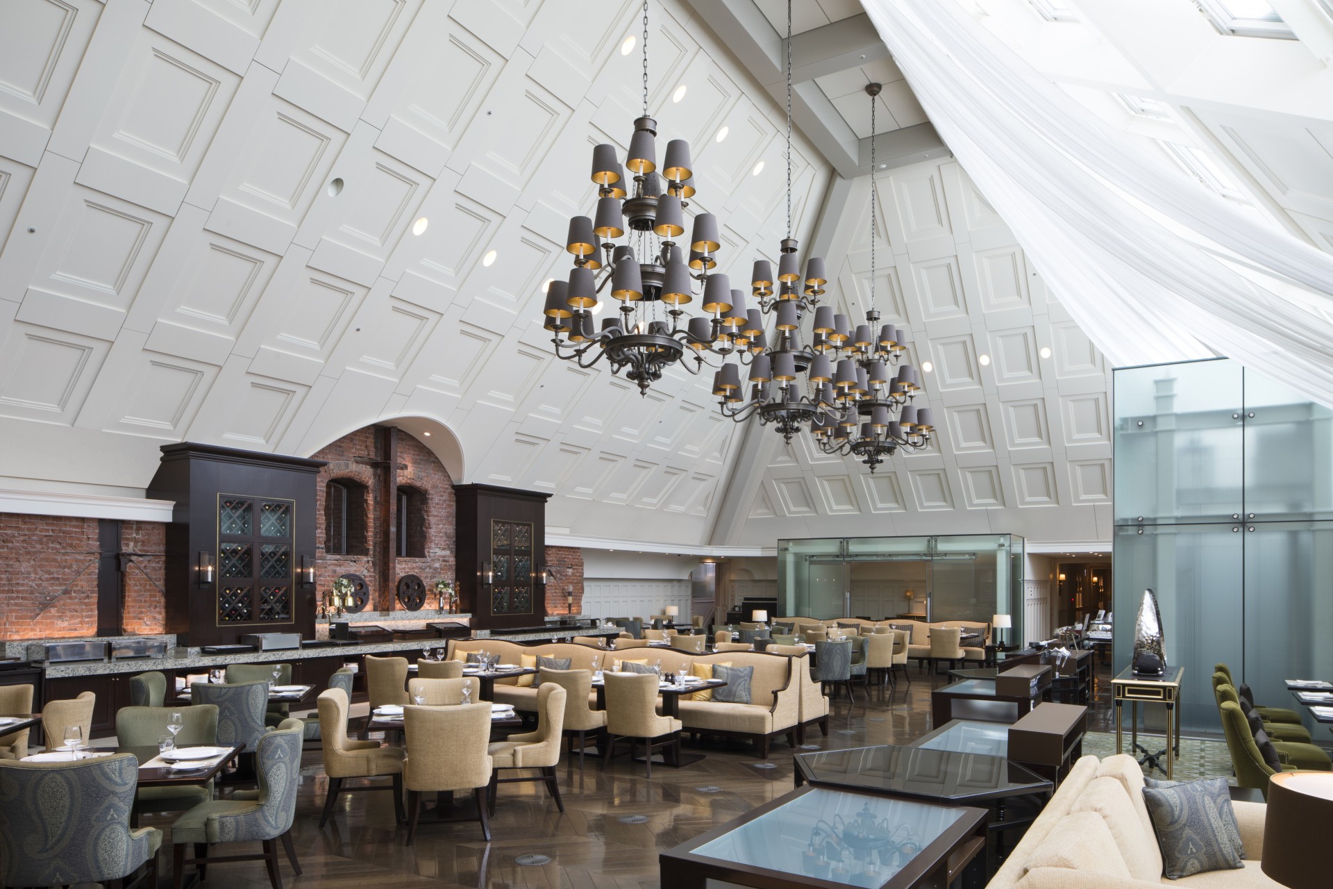 a large room with tables and chairs