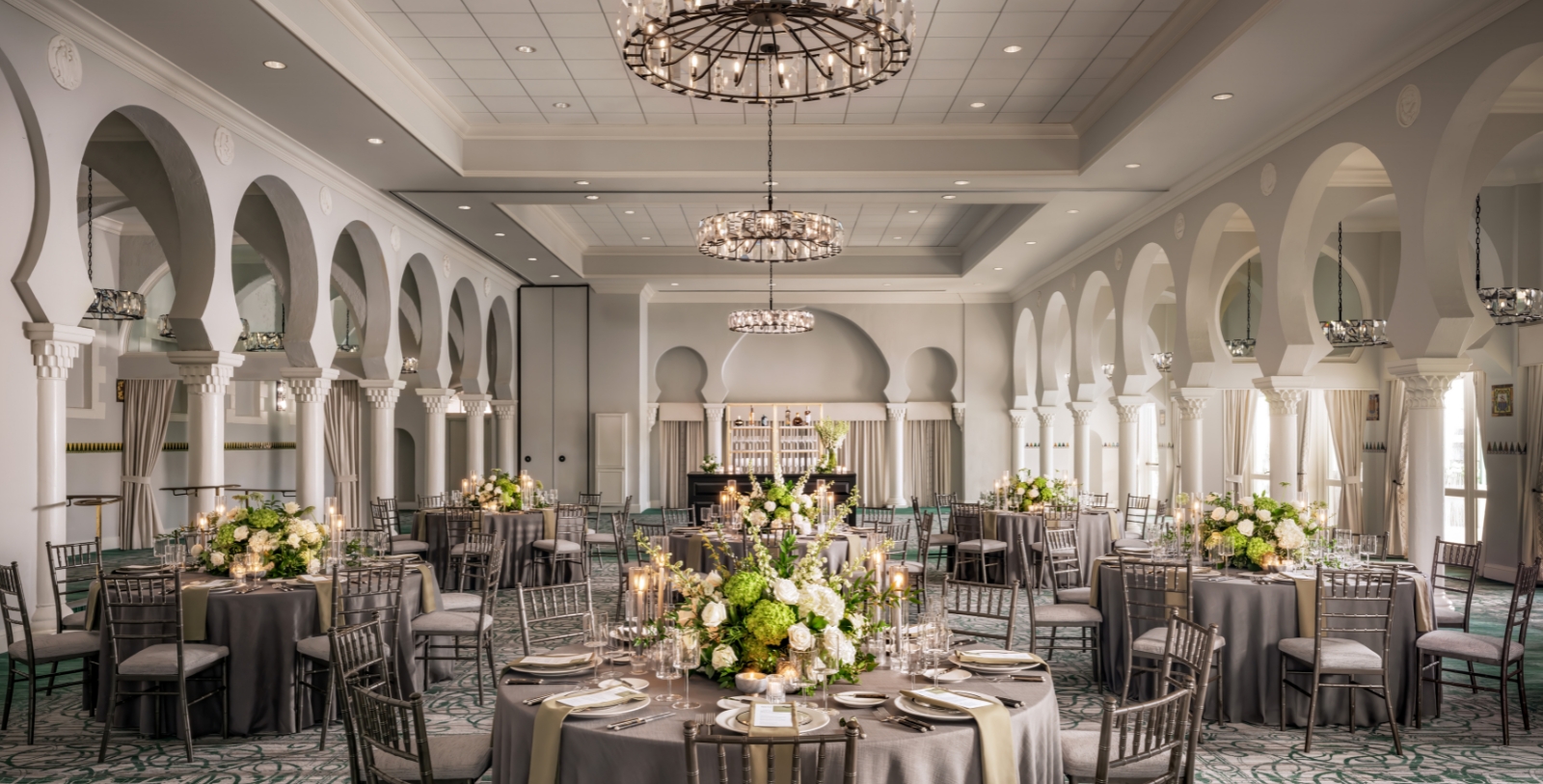 a large room with tables and chairs