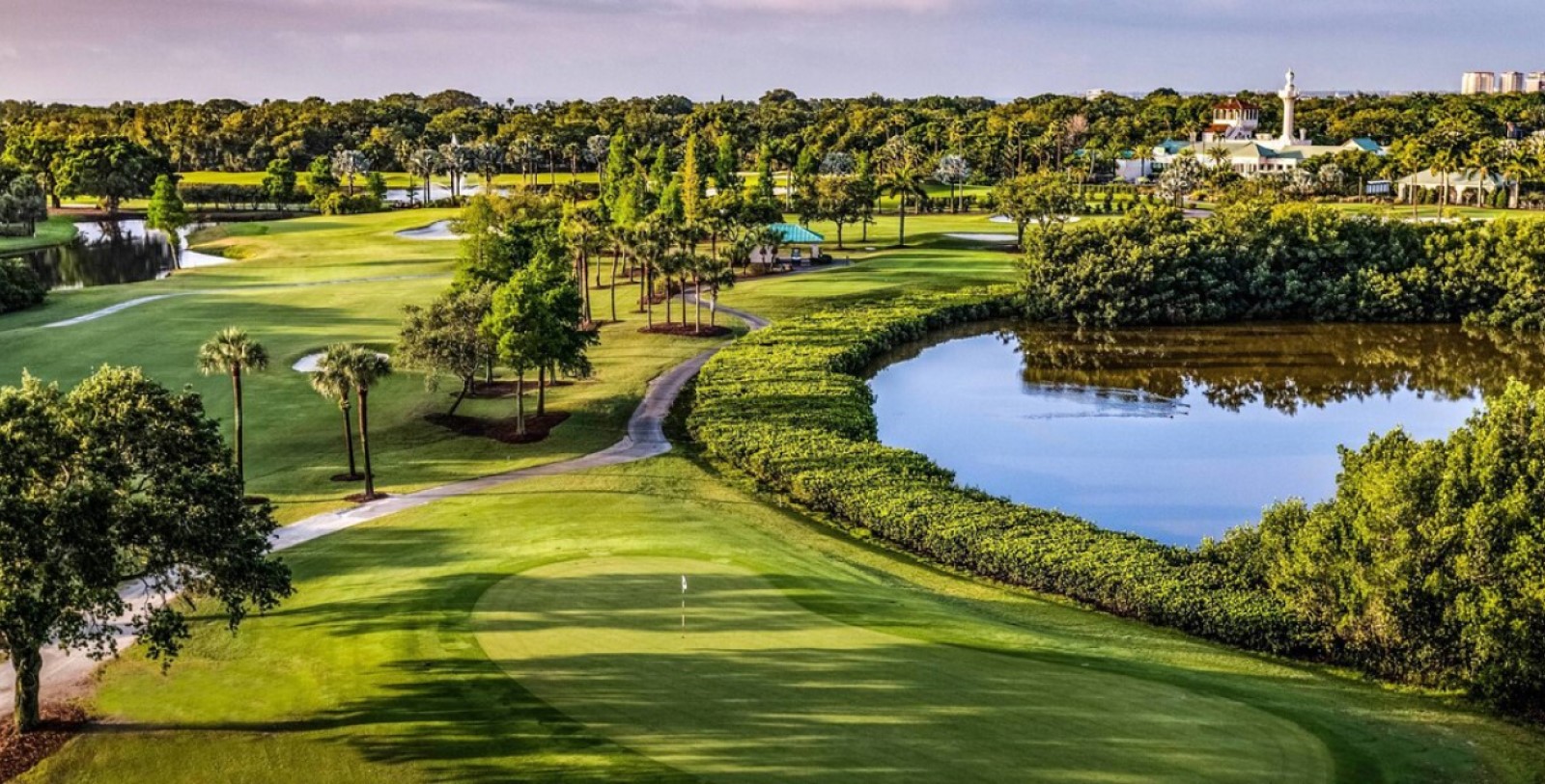 a golf course with a pond and trees