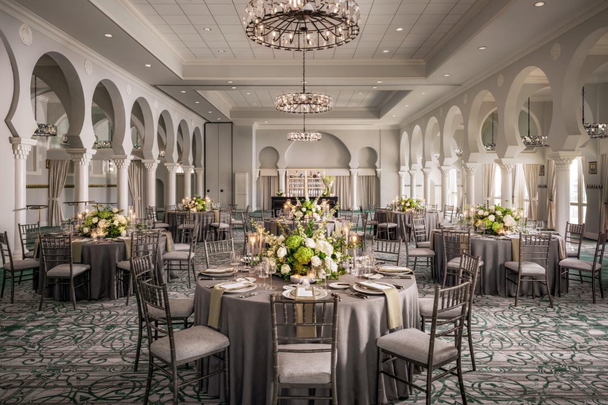 a large room with tables and chairs