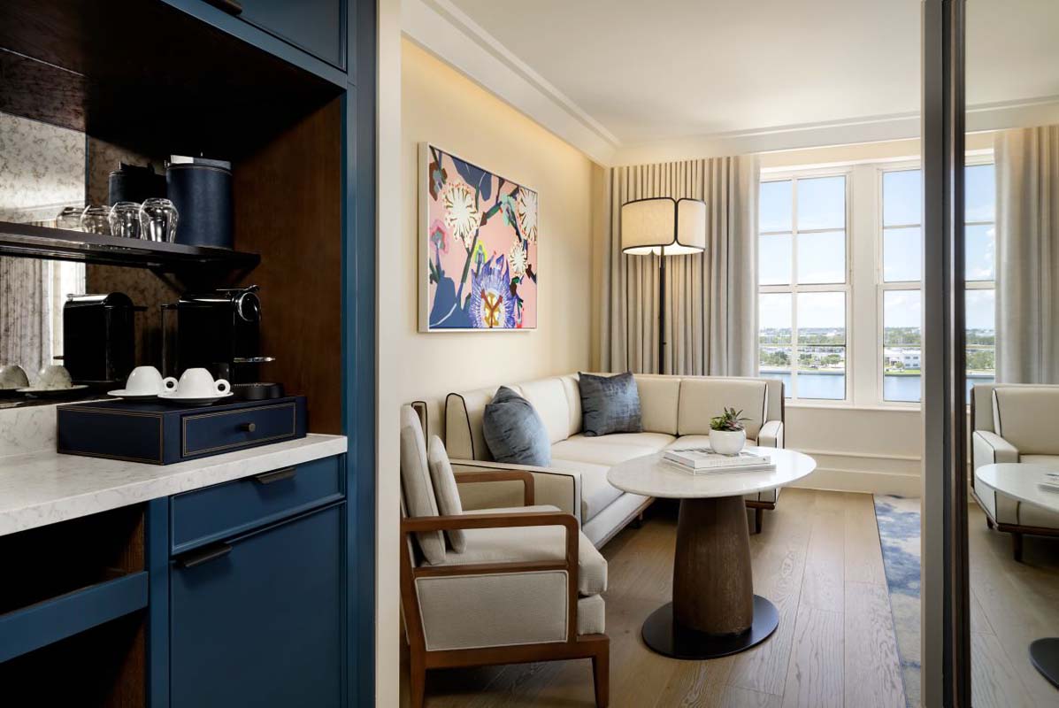 a room with a couch and a table