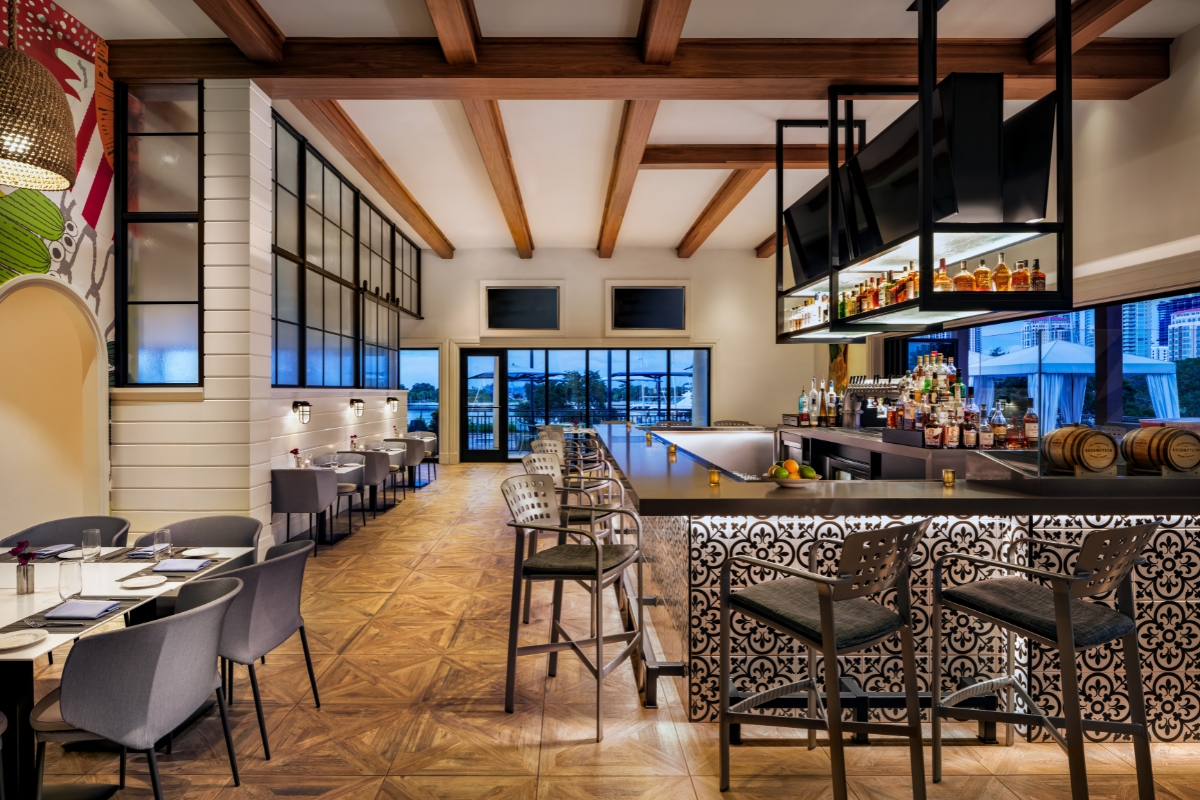 a bar with a counter and chairs