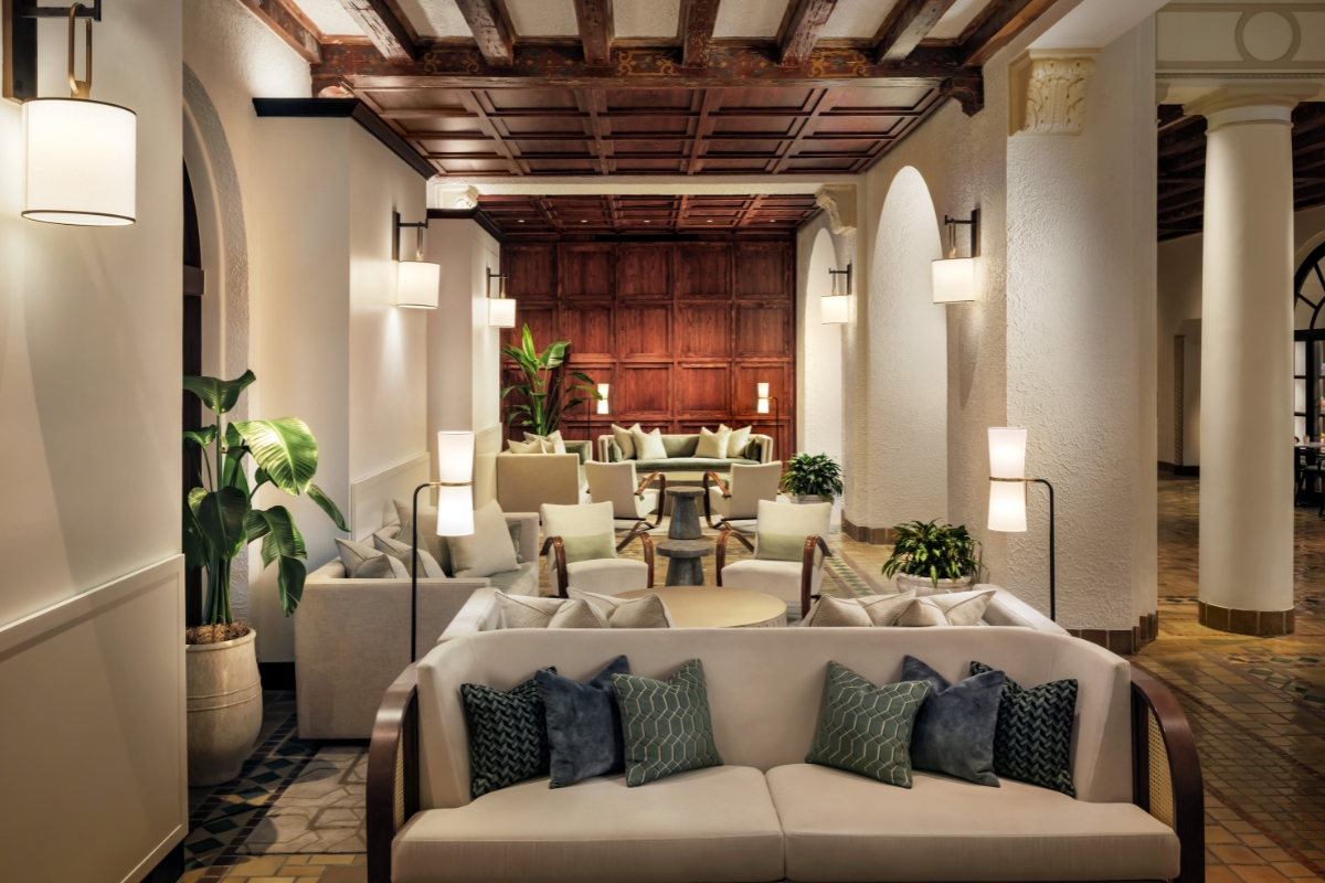 a room with couches and tables
