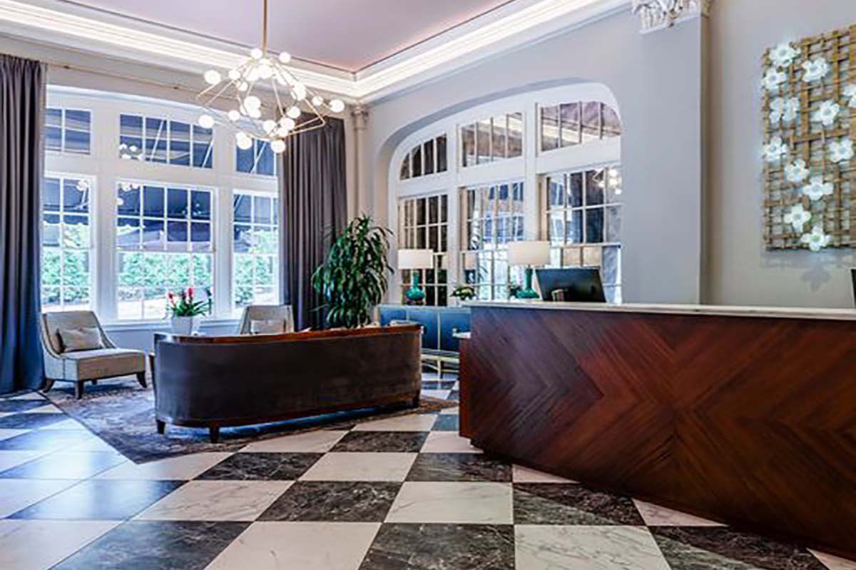 a reception desk in a hotel
