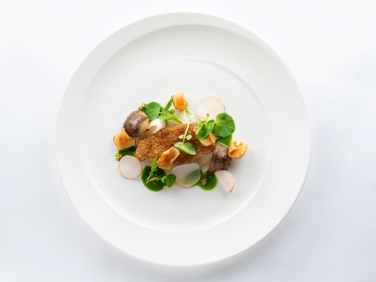 a plate of food on a white surface