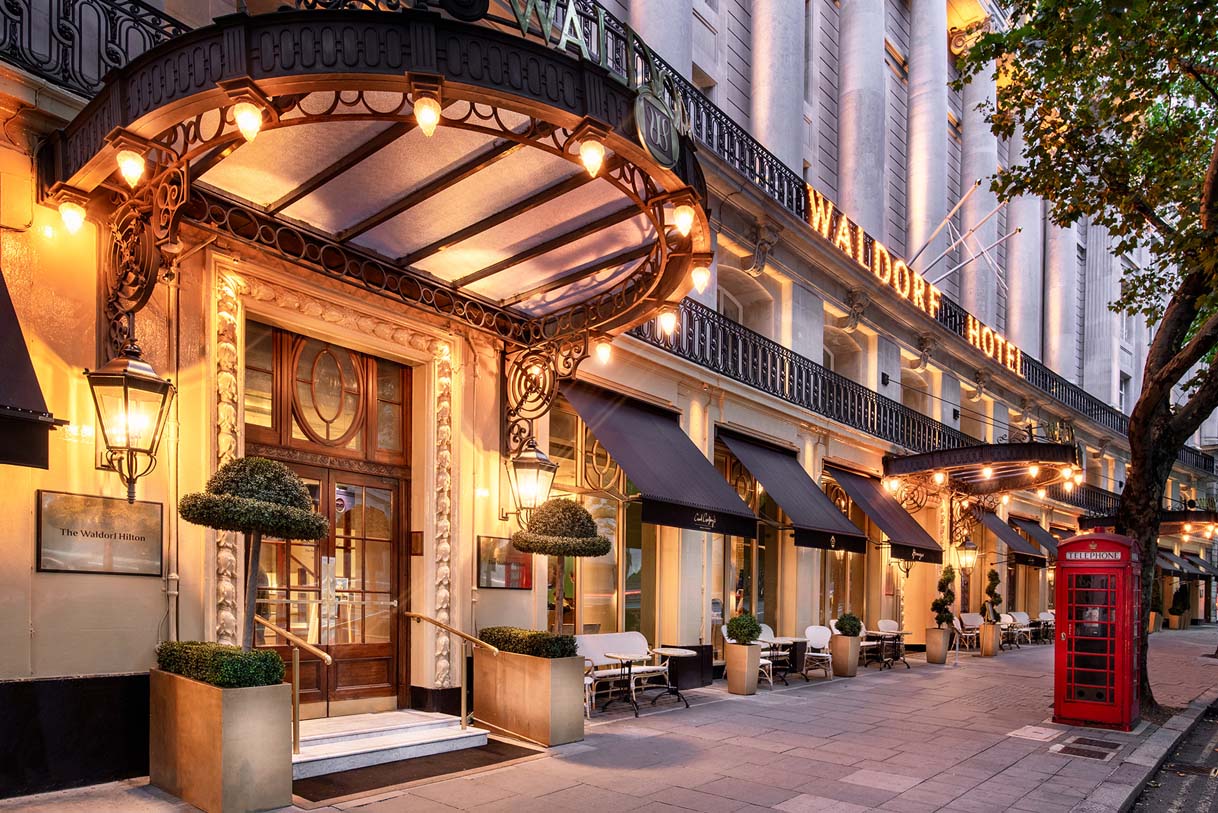 a building with awnings and a sign