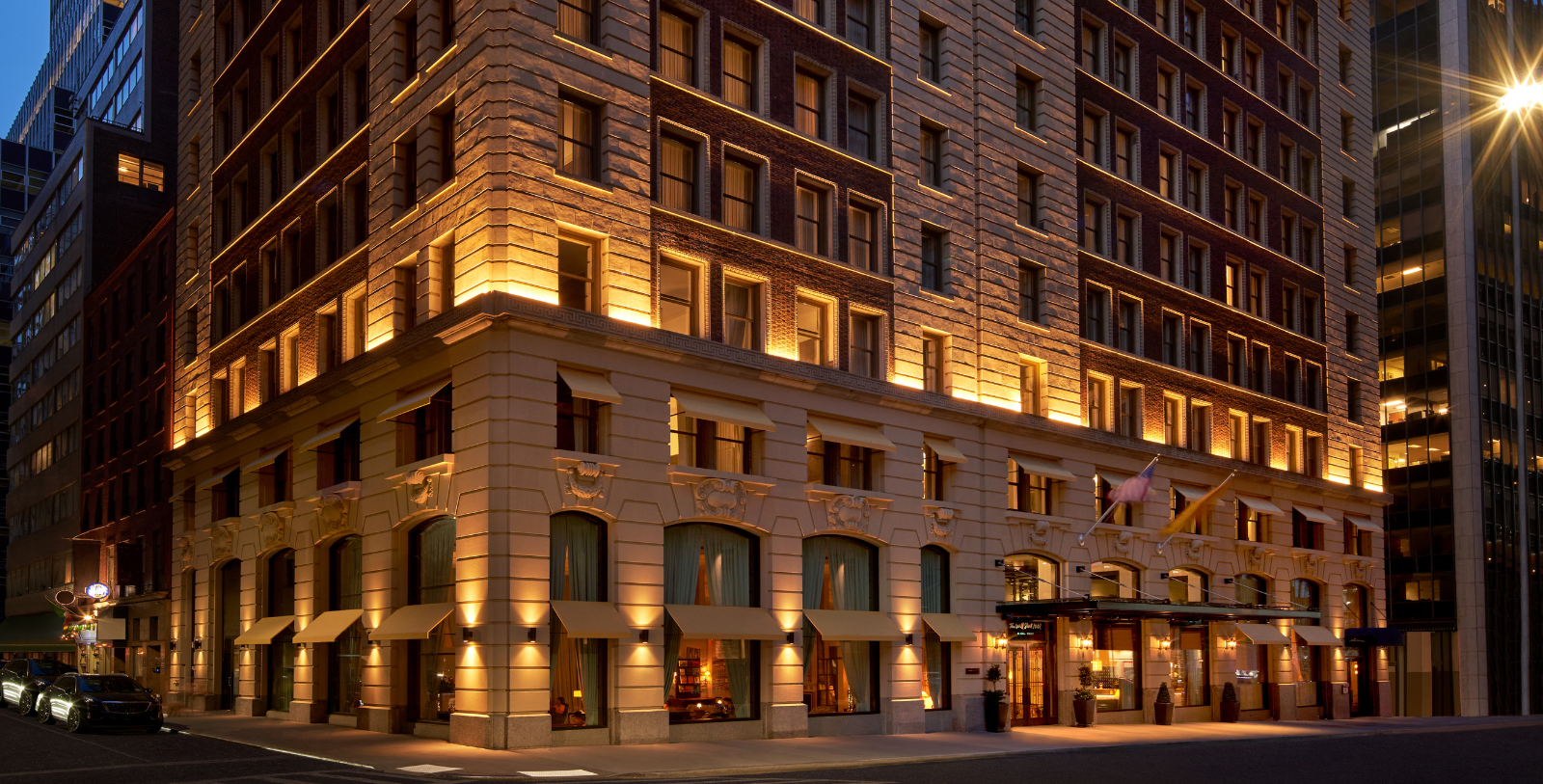 a building with lights on the side of it