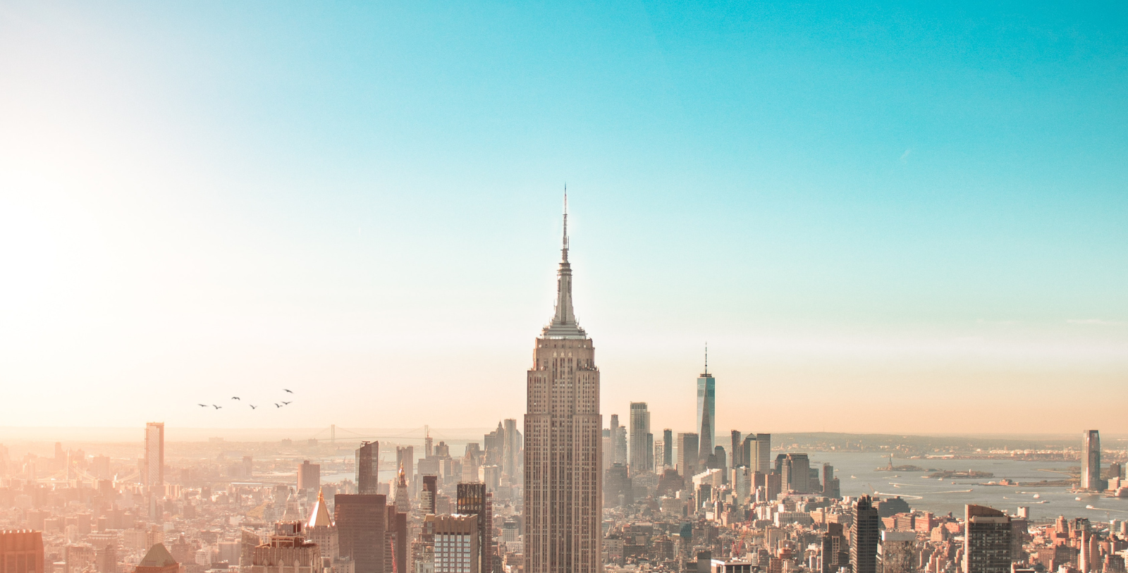 a city skyline with a tall building