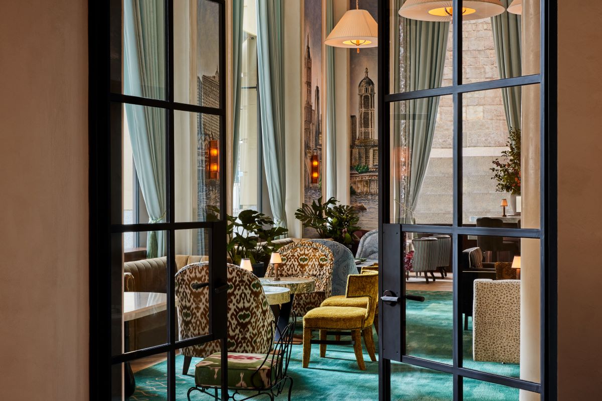 a room with chairs and tables