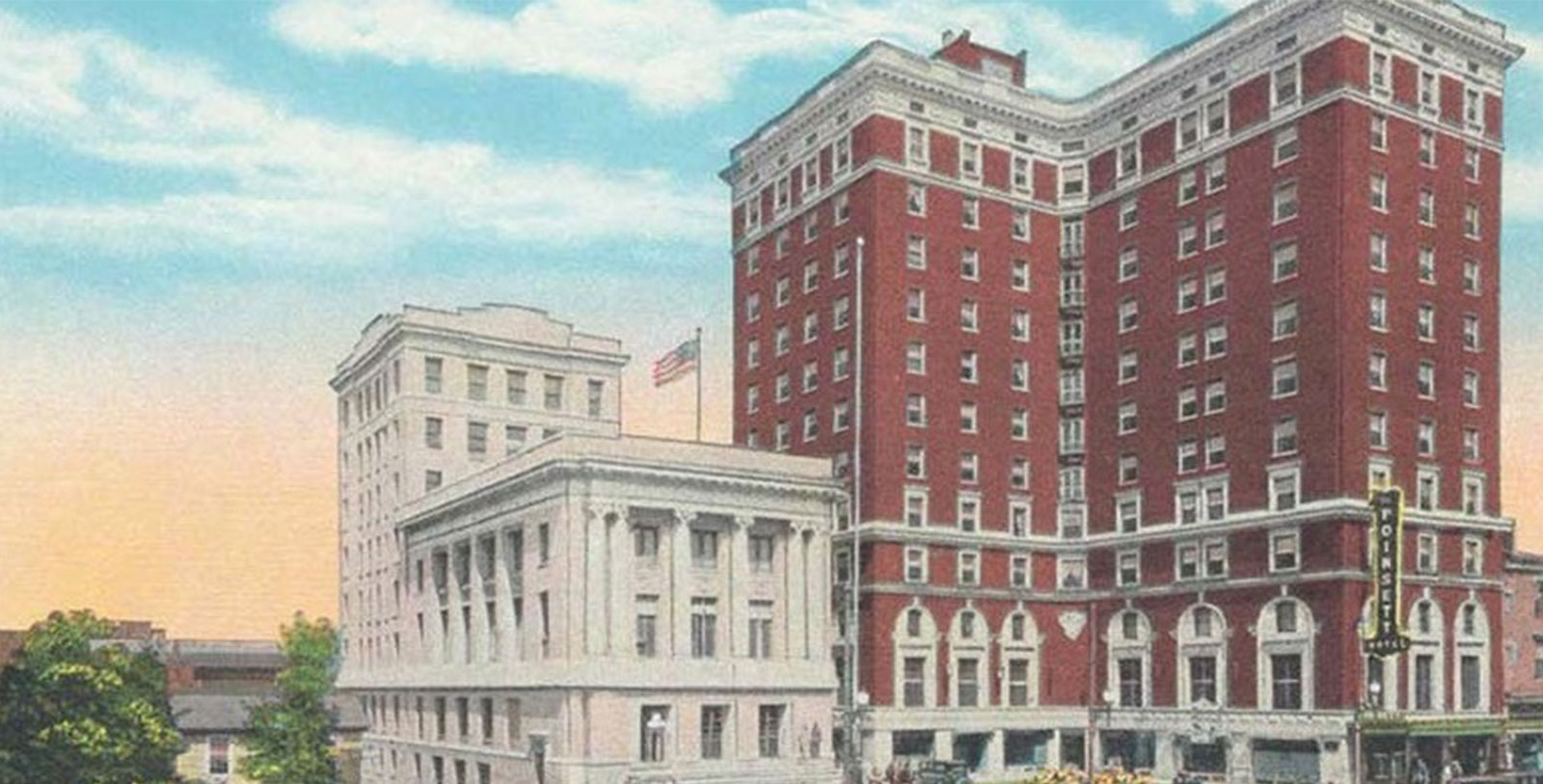 a large building with a flag on it
