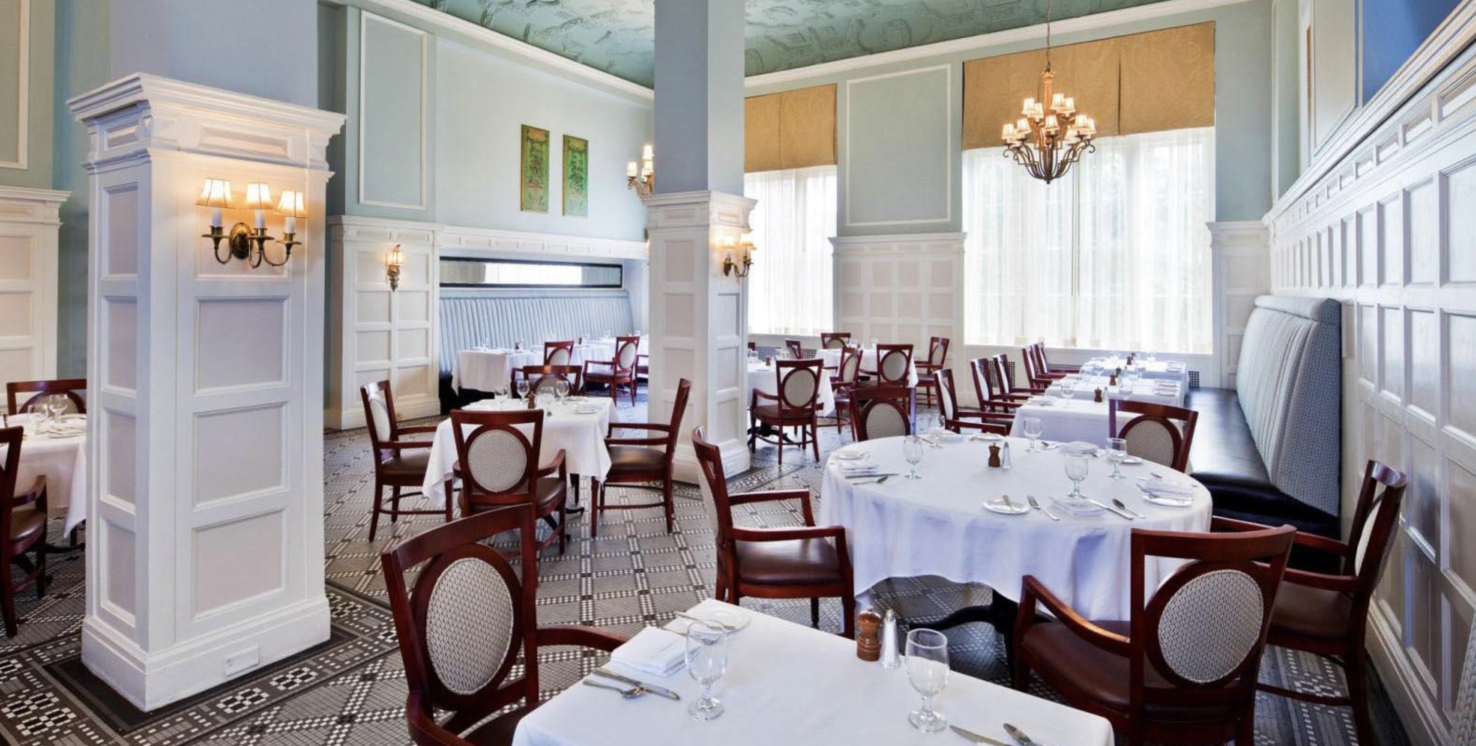 a room with tables and chairs