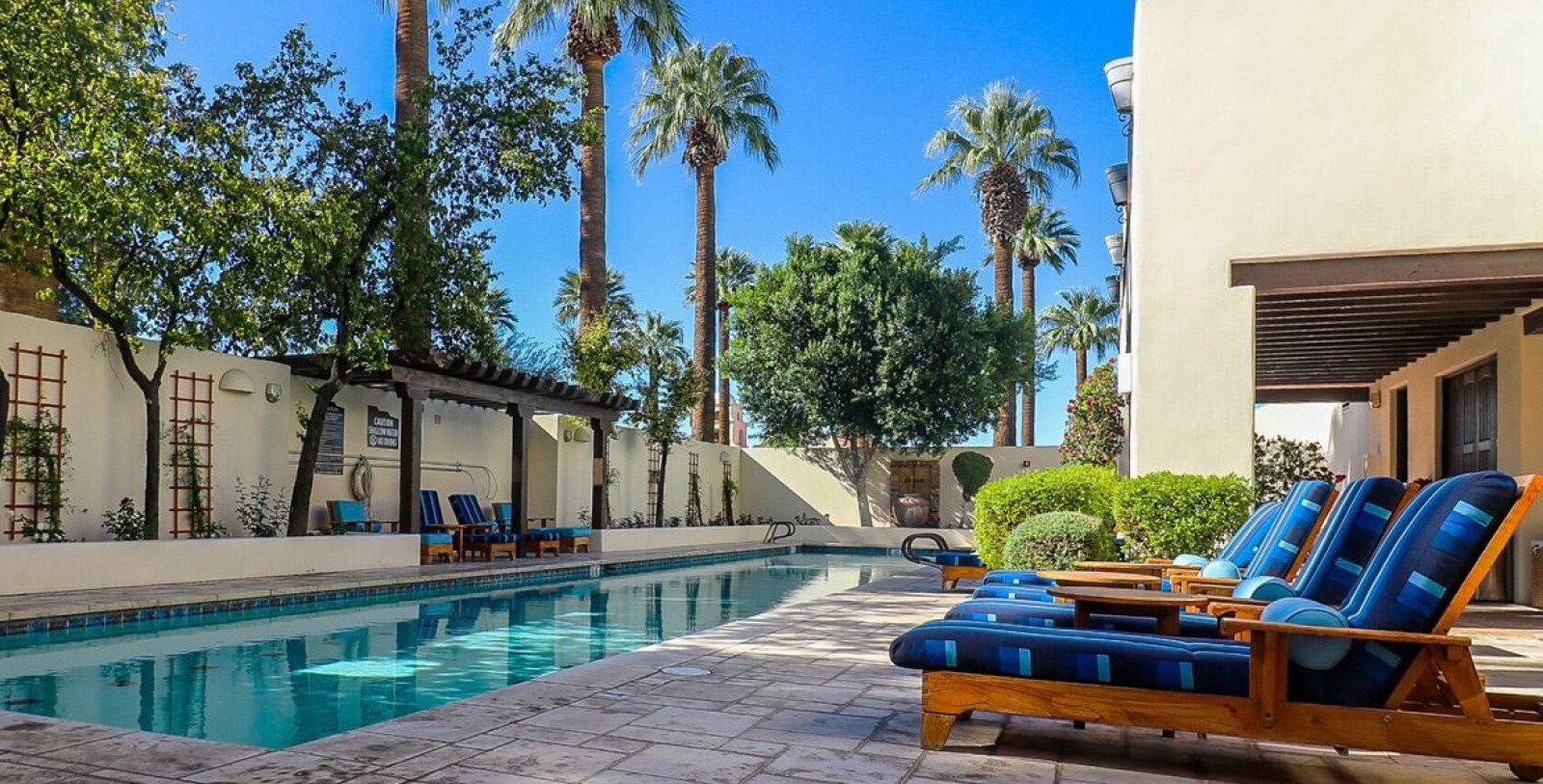 a pool with lounge chairs and trees