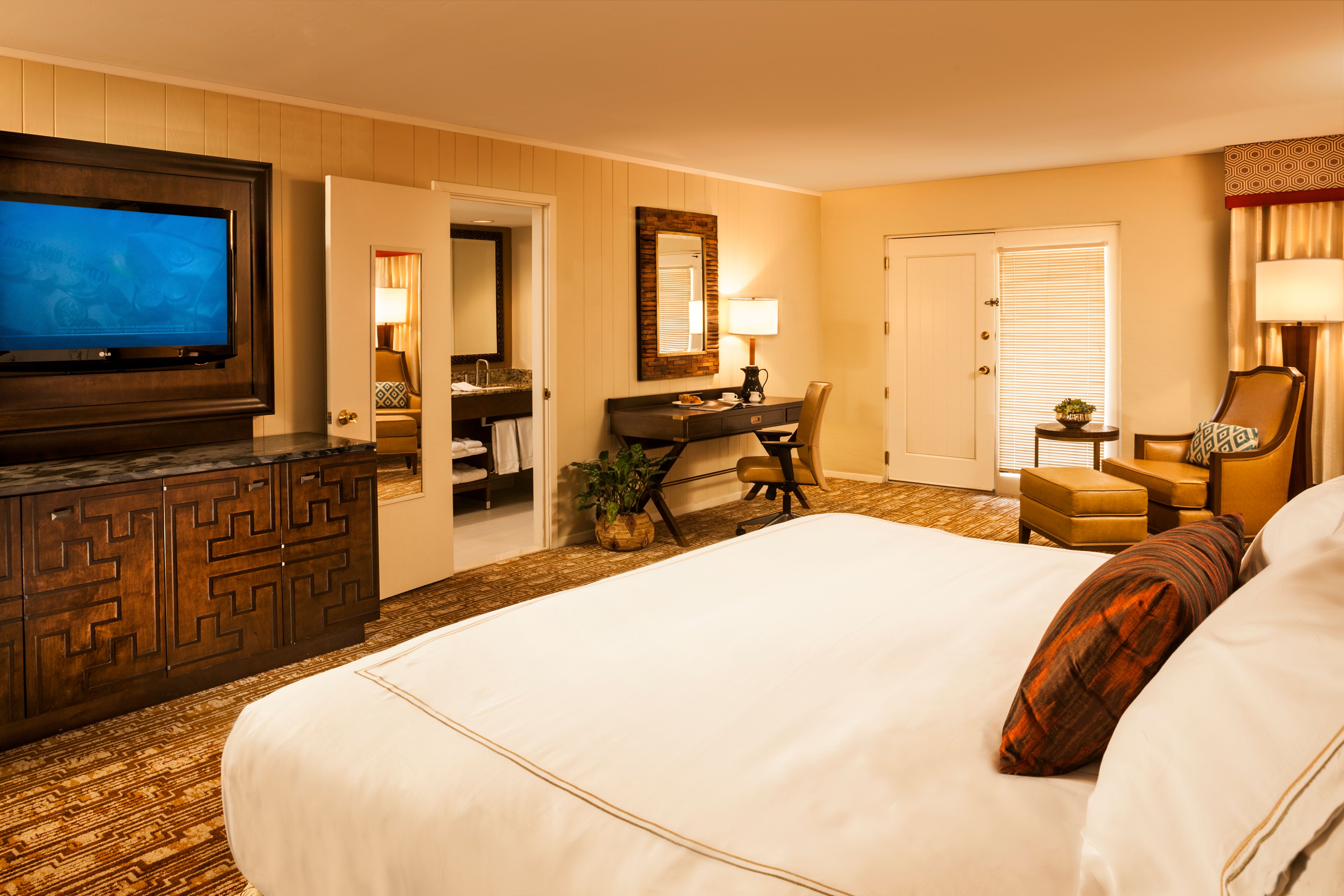 a bedroom with a bed and a television