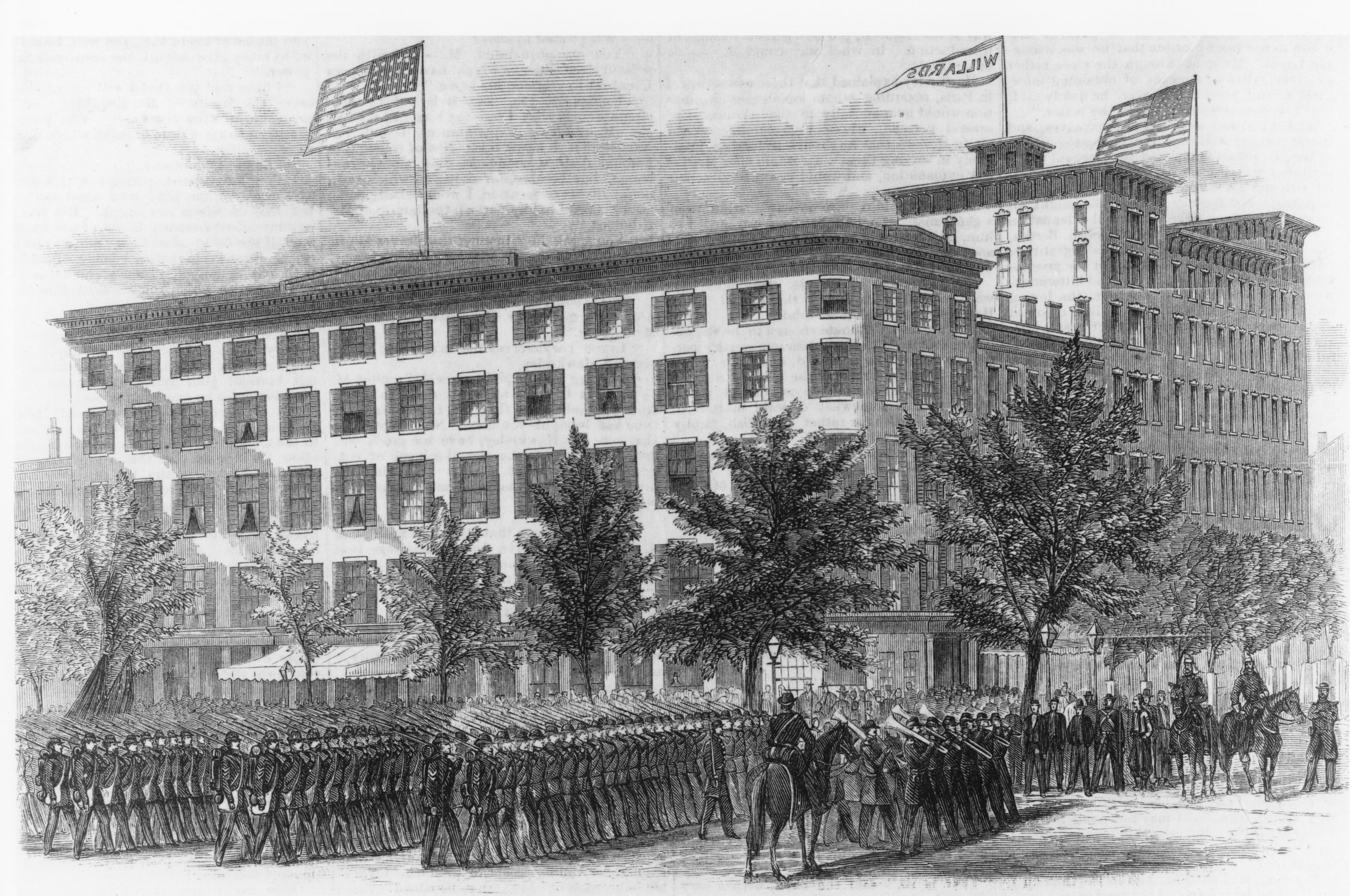 a group of soldiers marching in front of a building