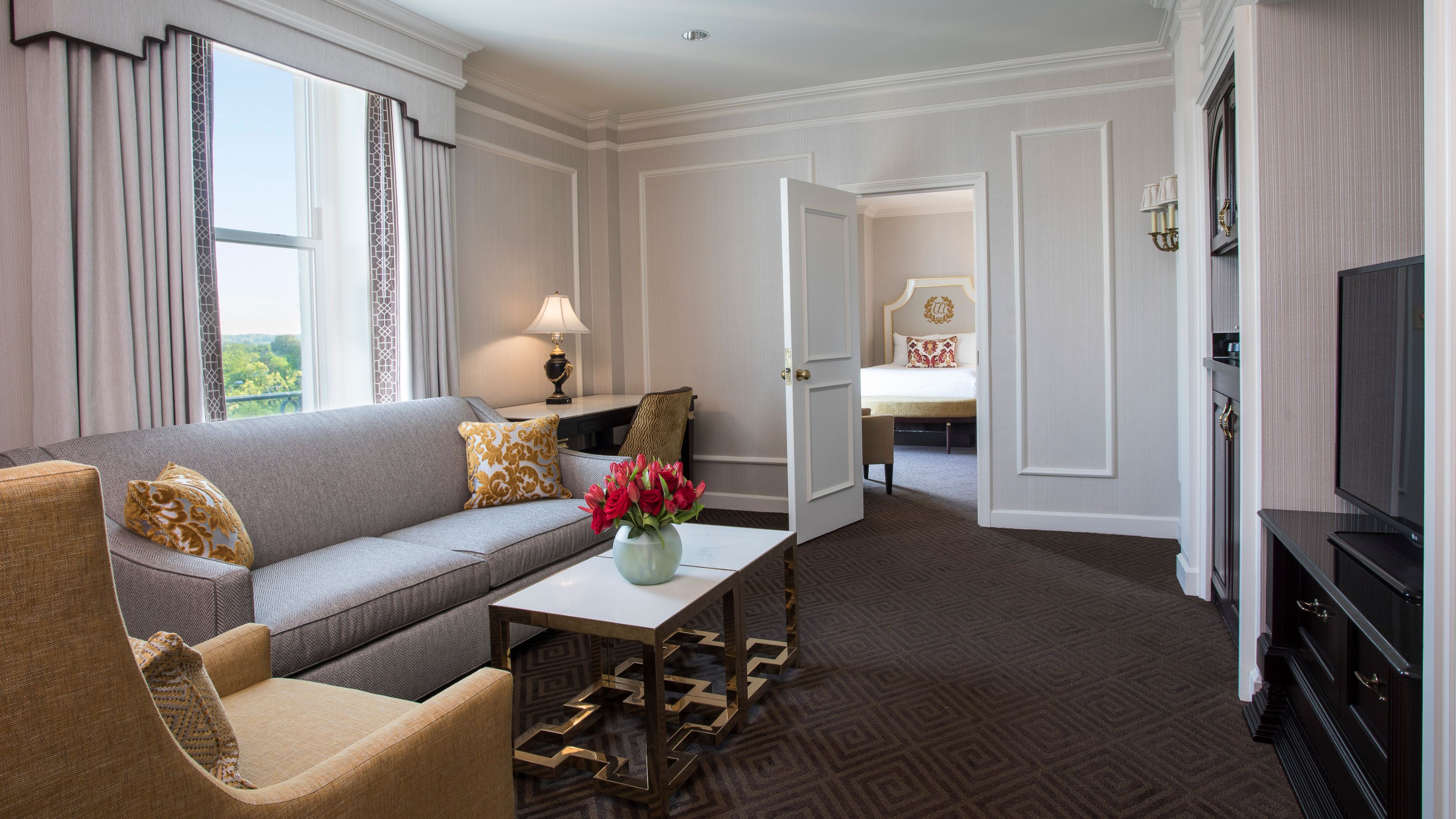 a room with a couch and a table