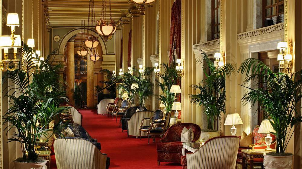 a long shot of a hotel lobby