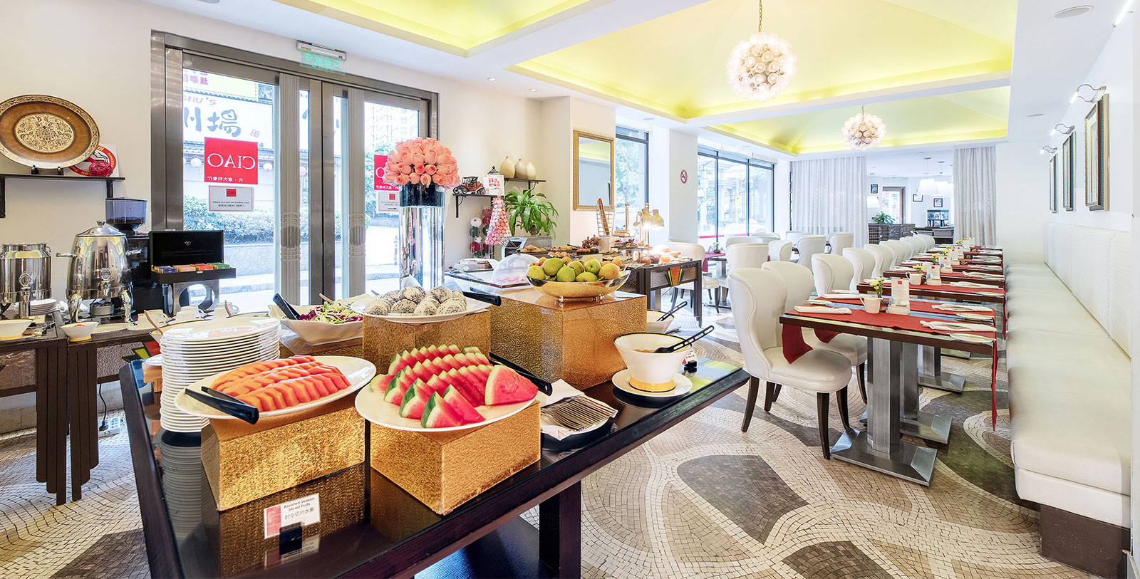 a buffet table with fruit on it