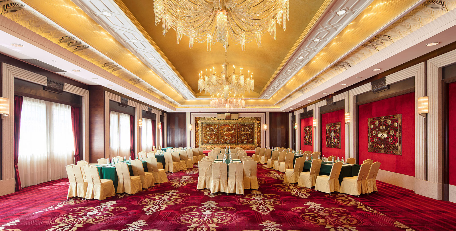 a room with tables and chairs
