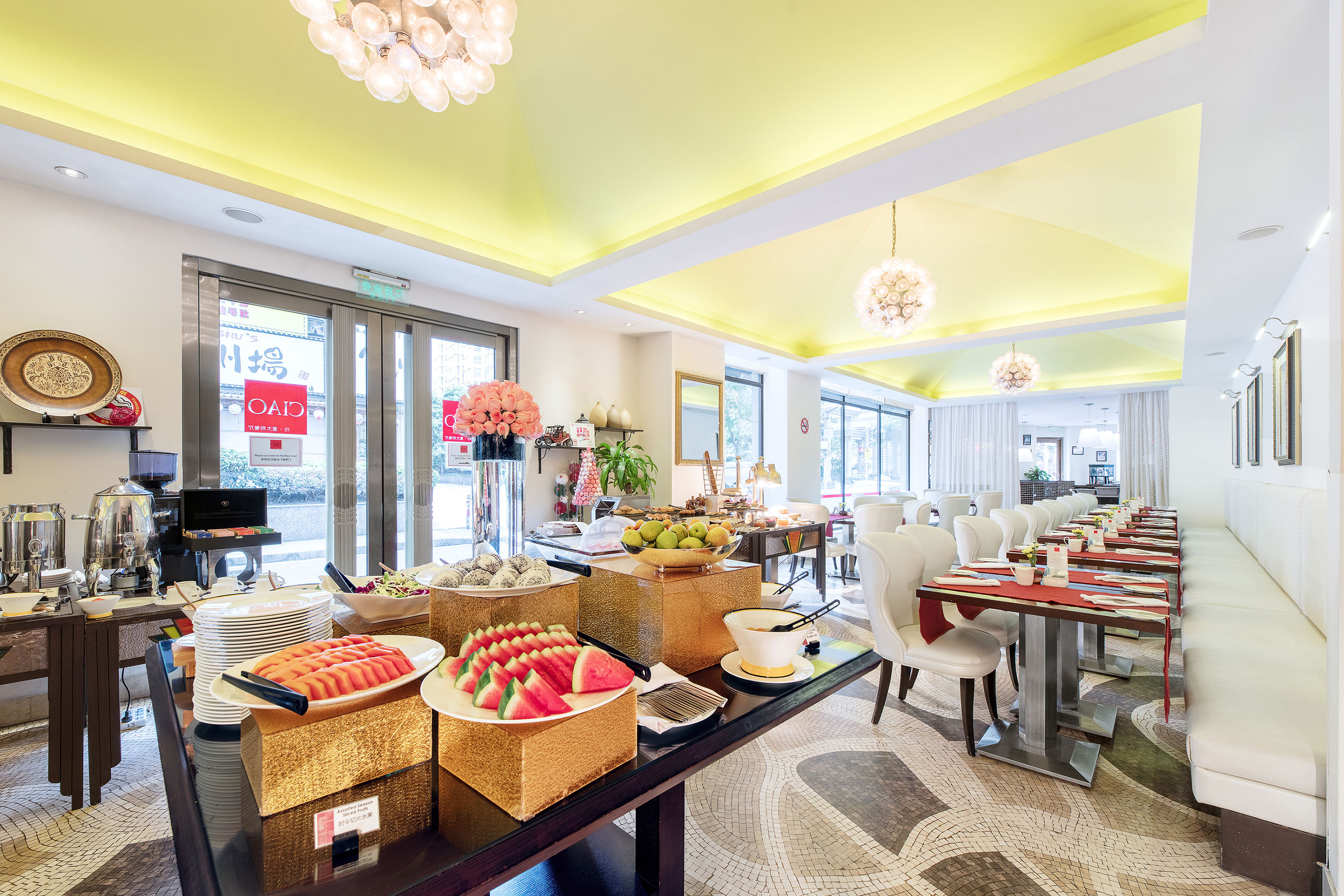 a buffet table with food on it