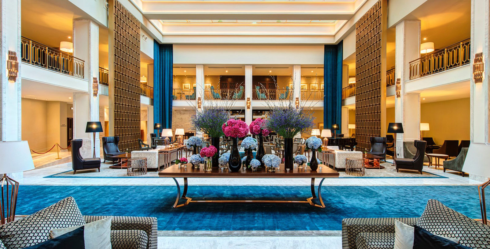 a large table with flowers in it