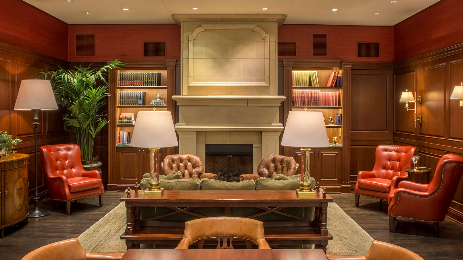 a room with a fireplace and a couch