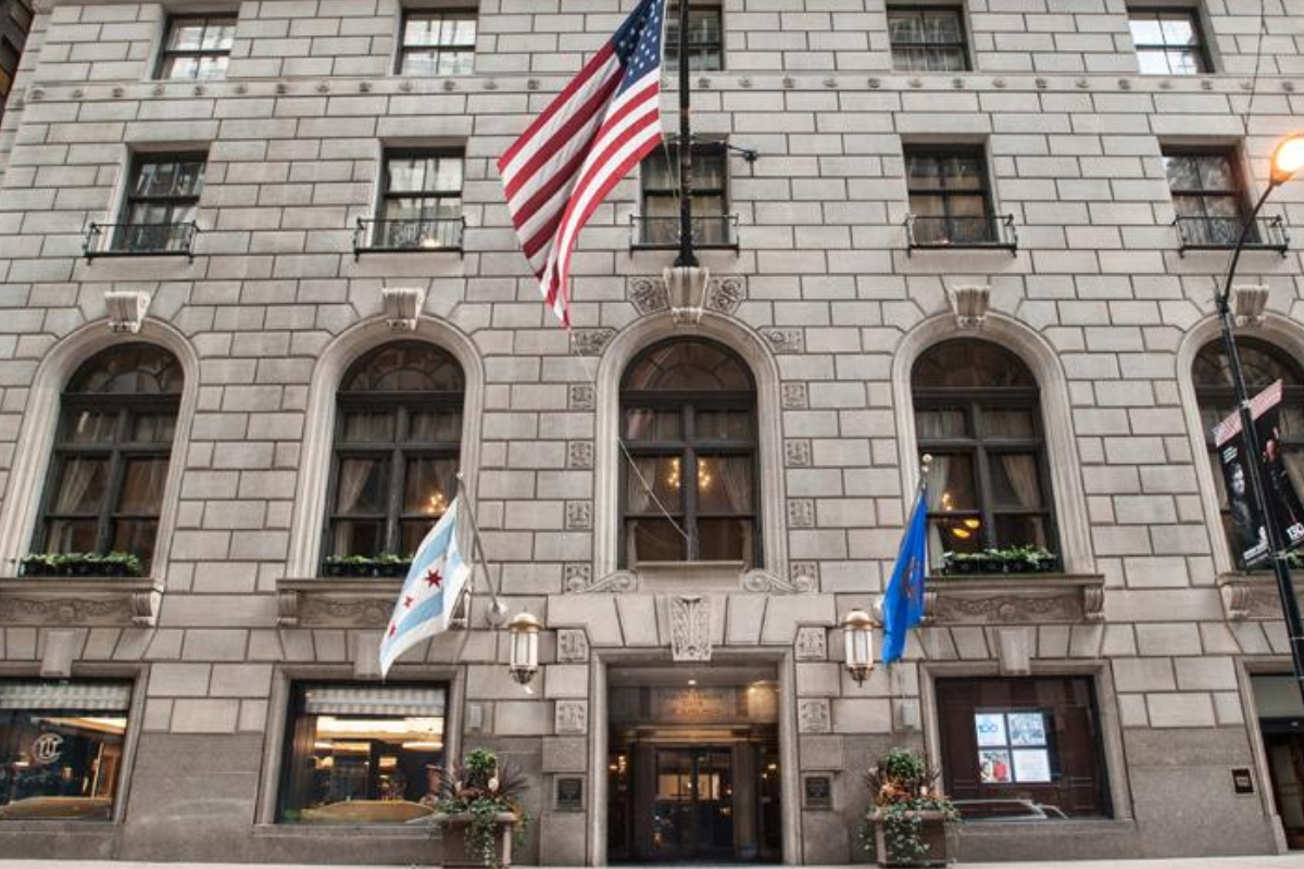 flags on the front of a building