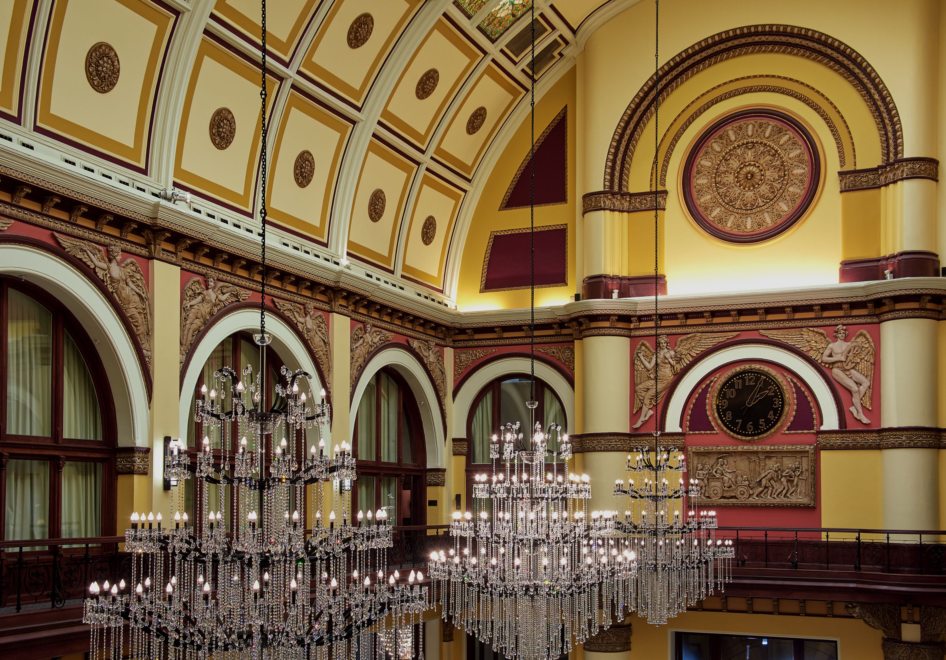 a chandelier in a large room