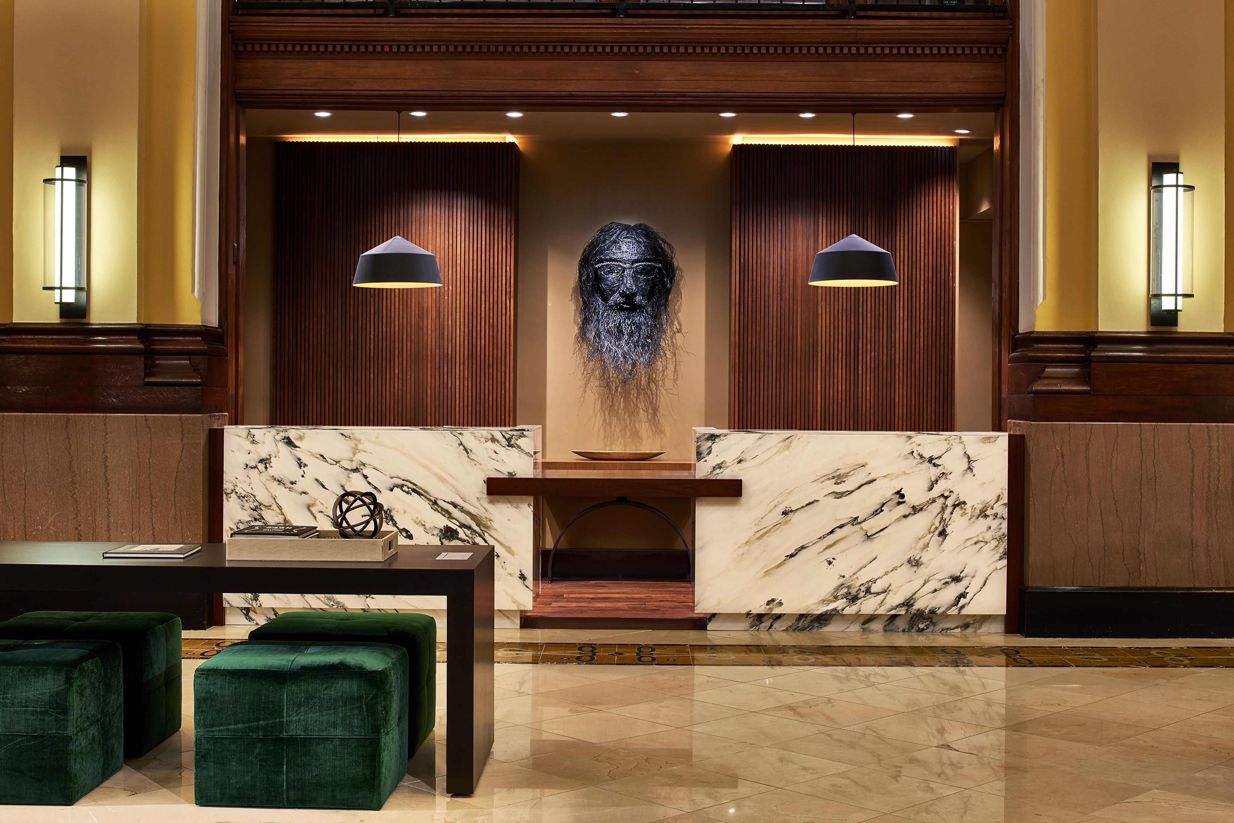 a reception desk in a hotel