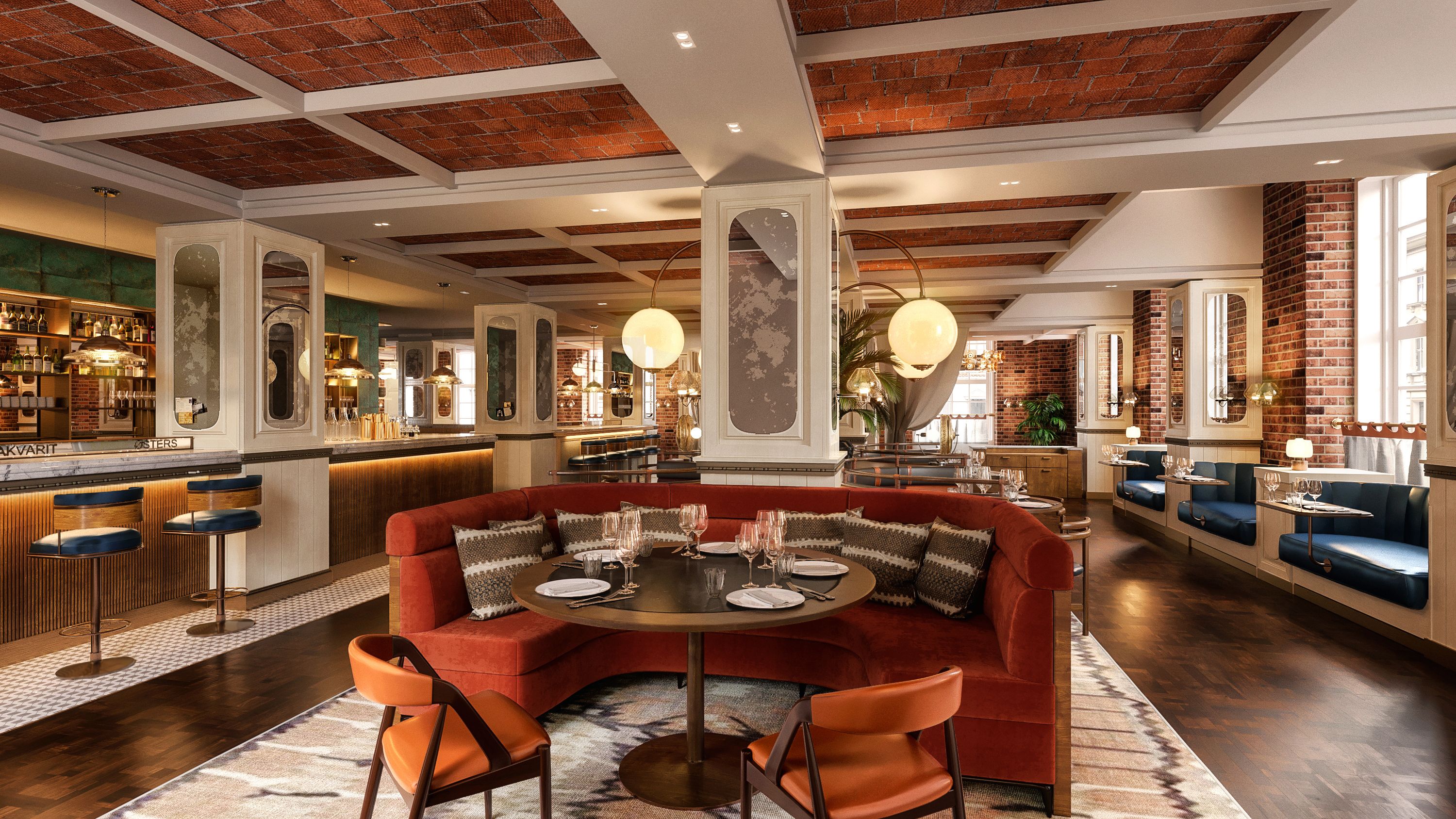 a room with a round table and chairs