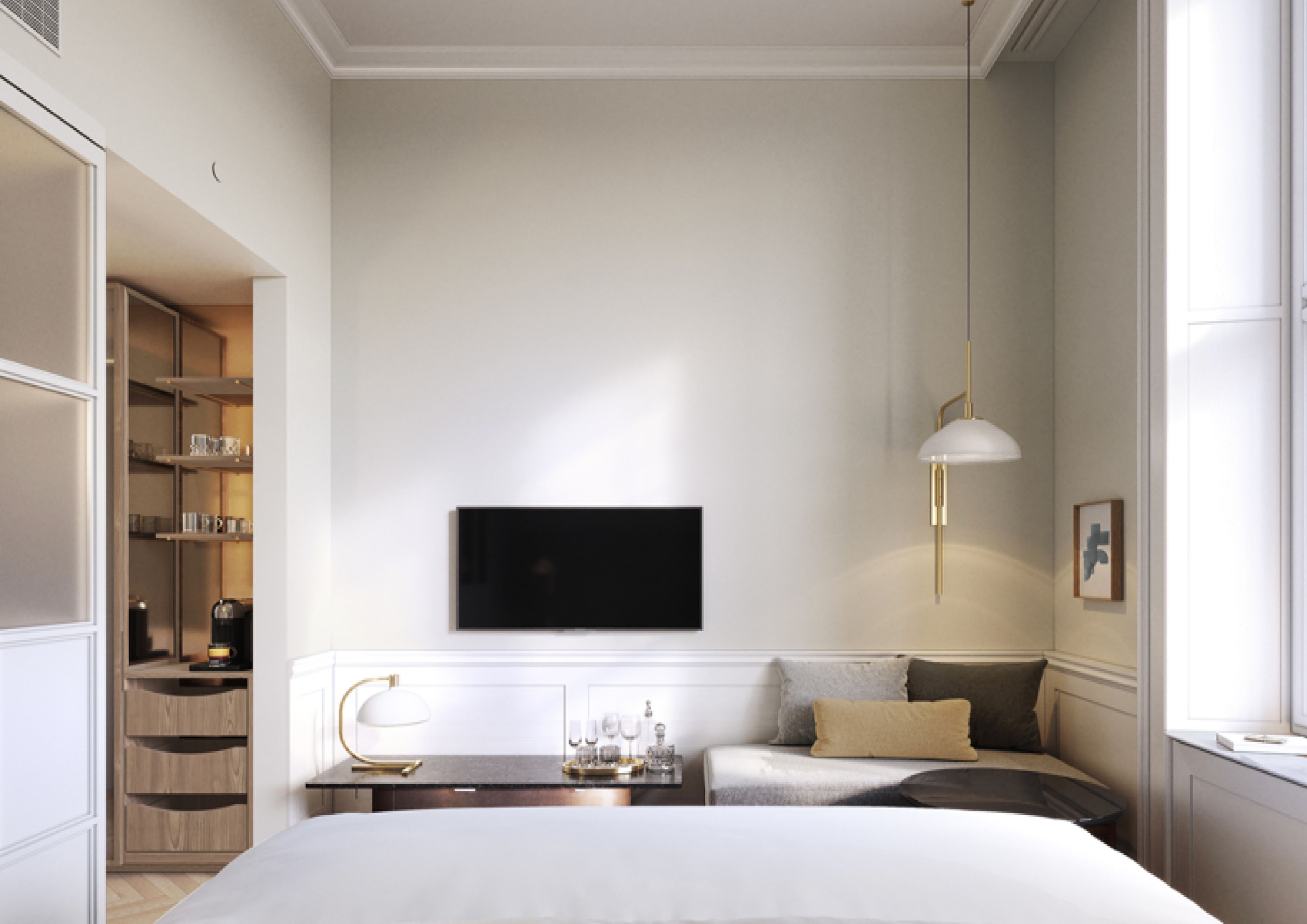 a room with a bed and a tv