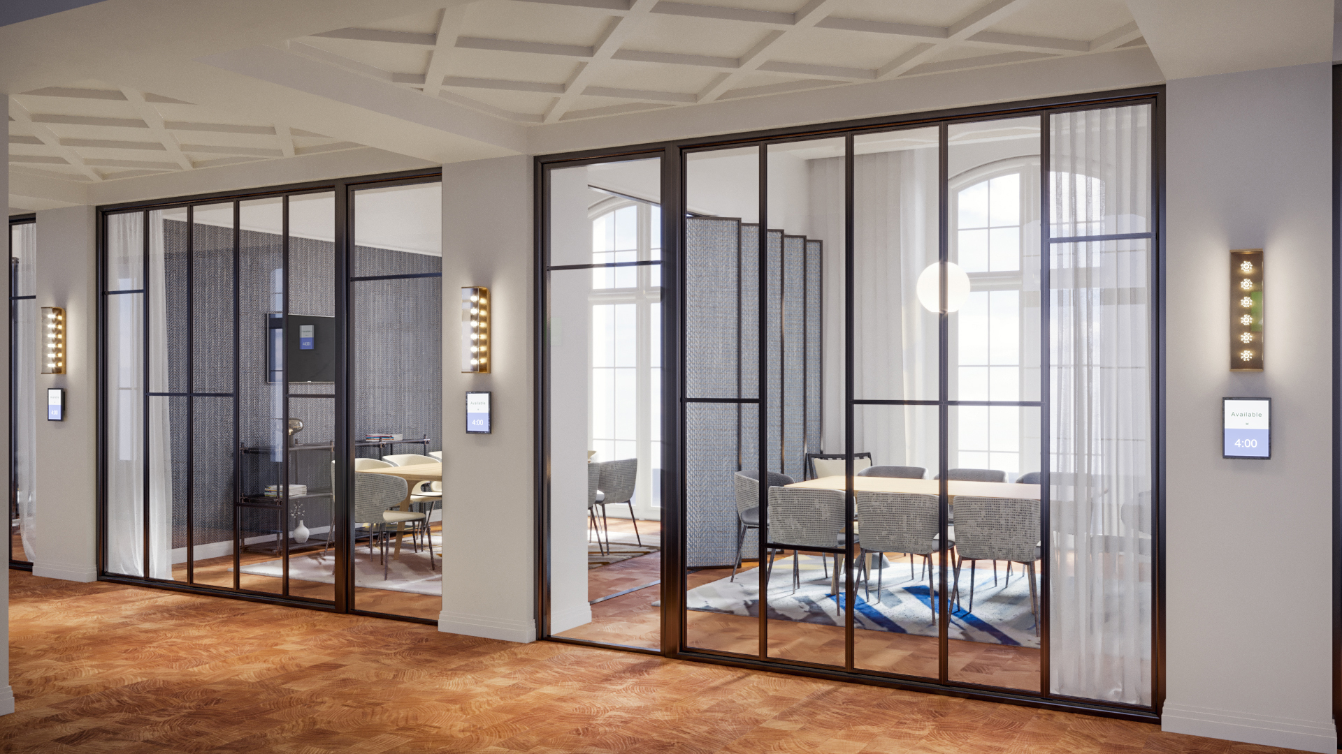 a glass wall with a table and chairs