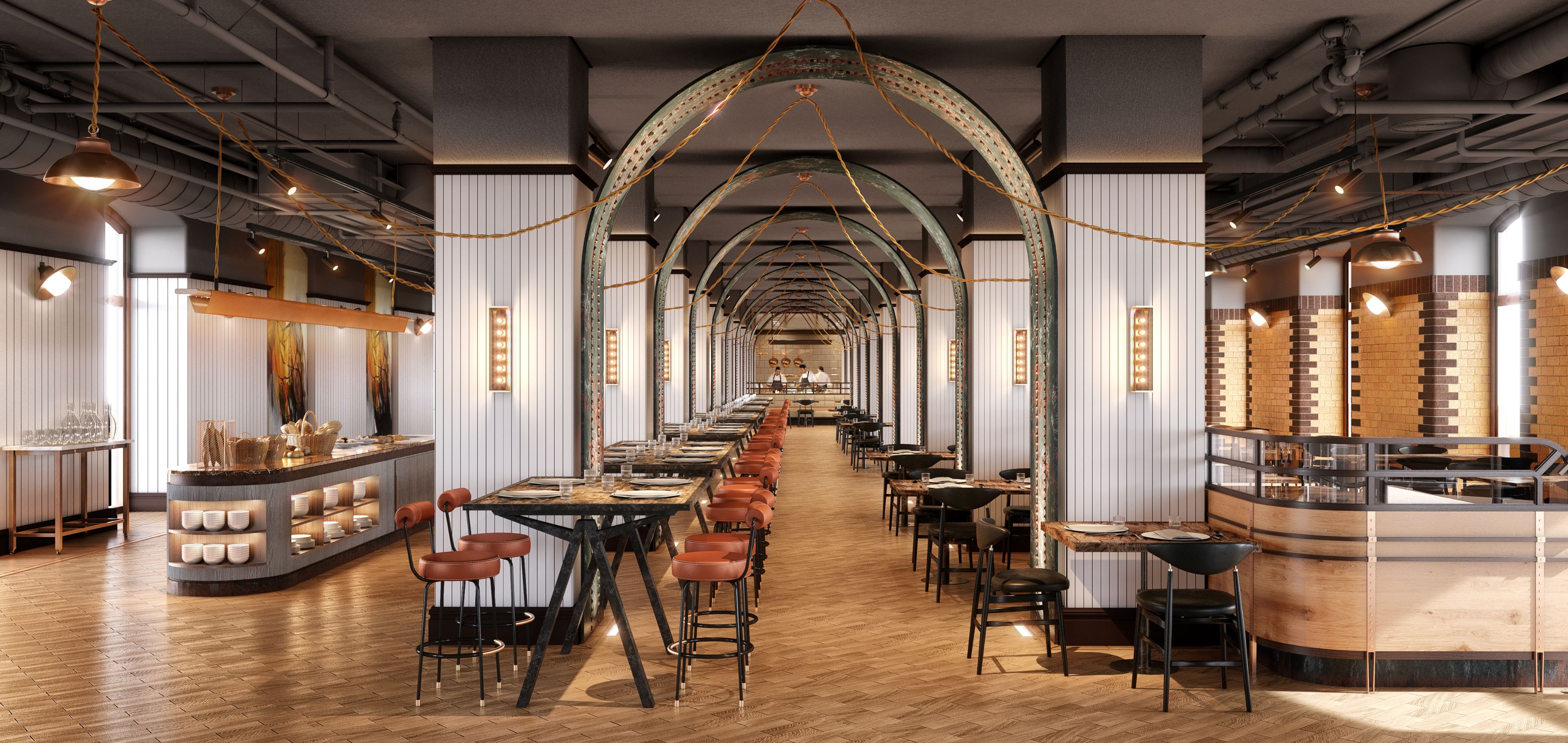 a restaurant with tables and chairs