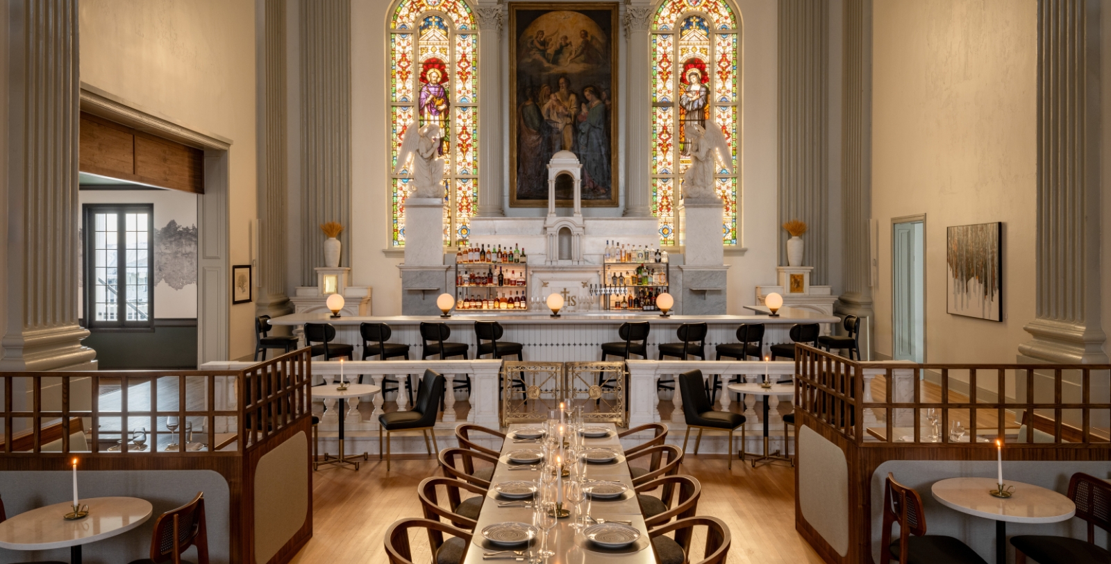 a large room with tables and chairs