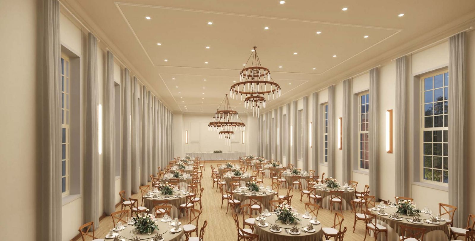 a room with tables and chairs