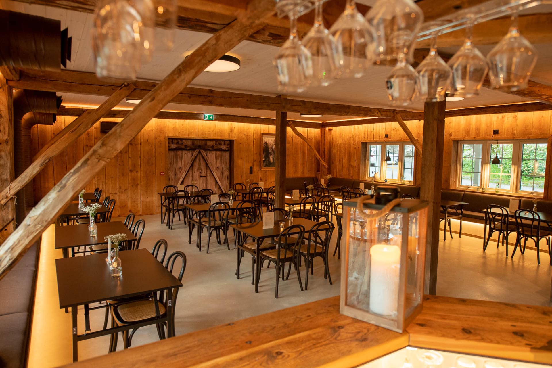 a room with tables and chairs