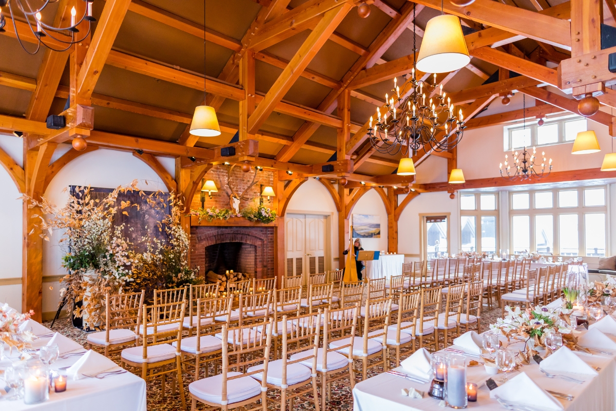 a room with chairs and tables and chandeliers