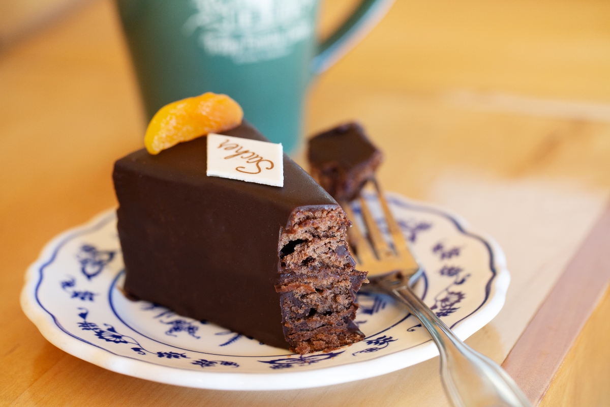 a piece of chocolate cake on a plate with a fork