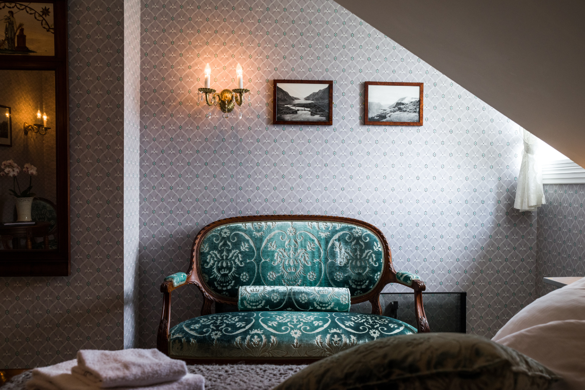 a green couch in a room