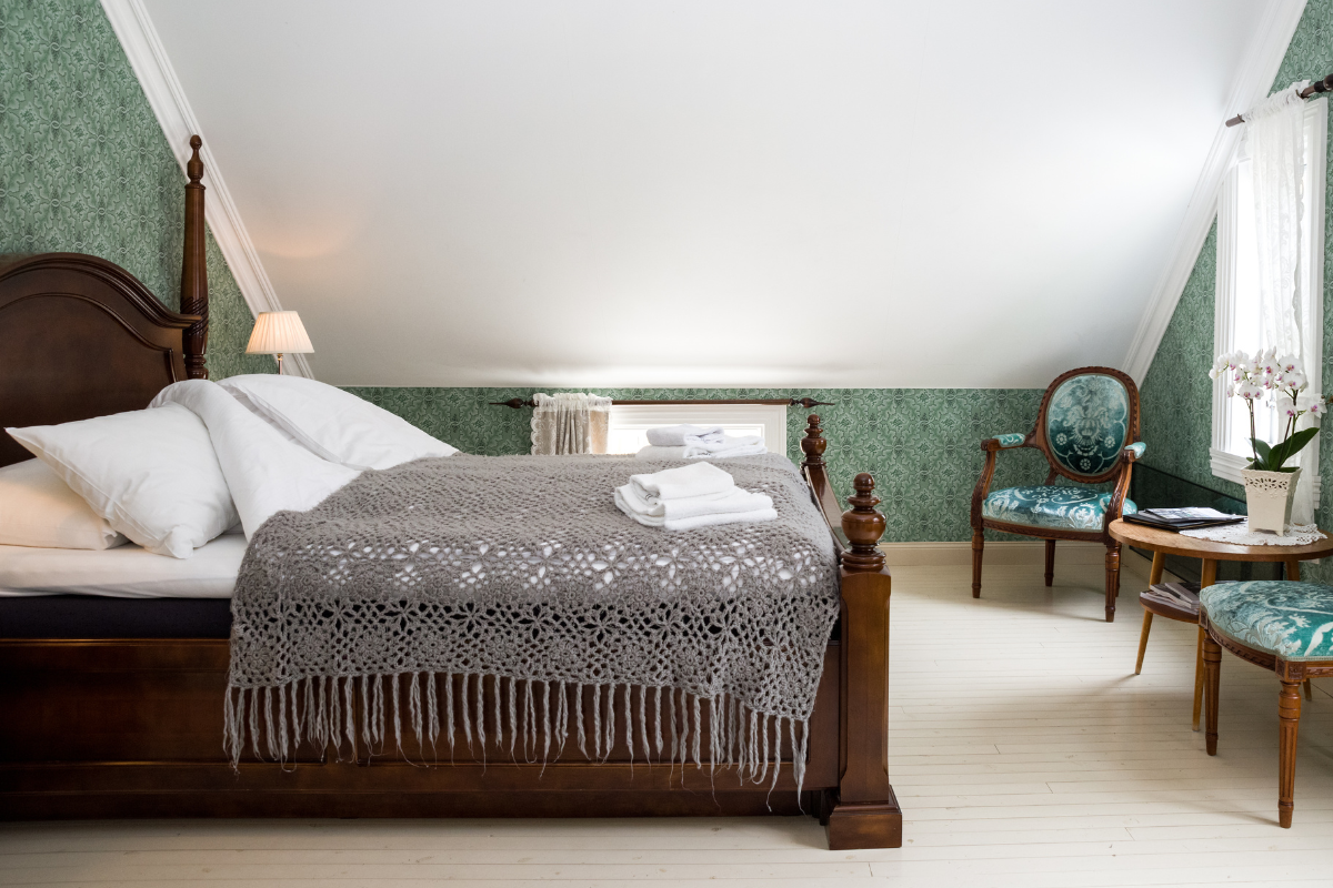 a bedroom with a bed and a chair
