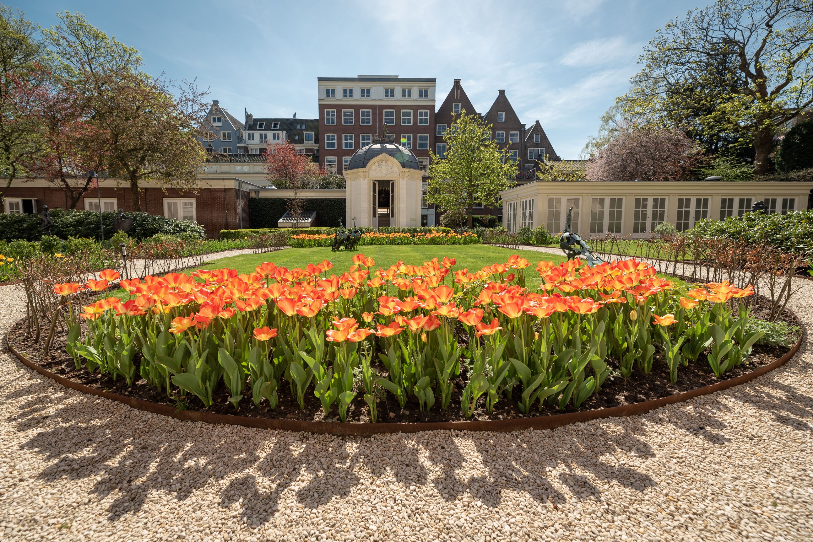 a garden with orange flowers in front of a building