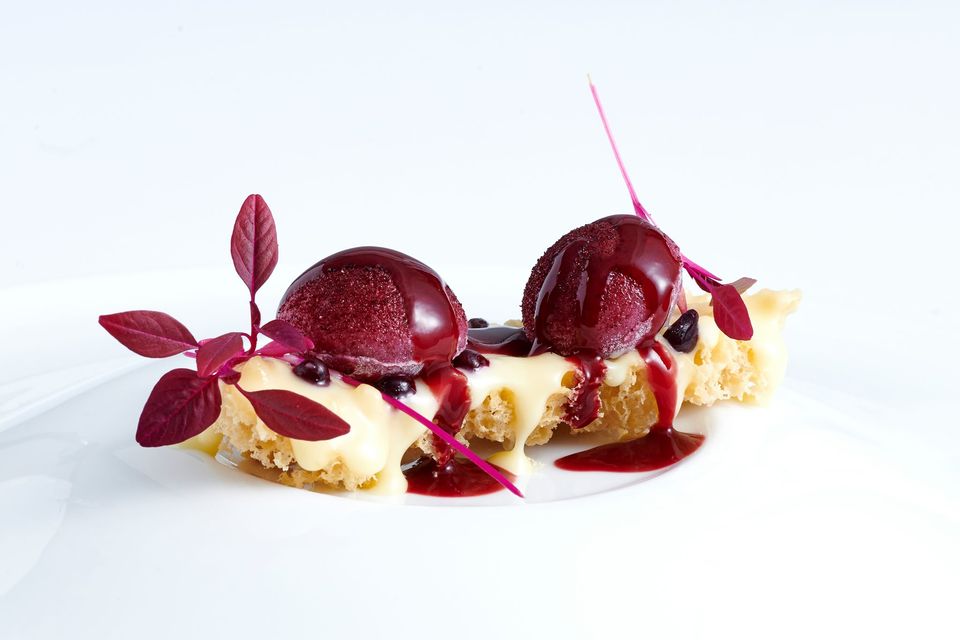 a piece of food with red fruit and white liquid